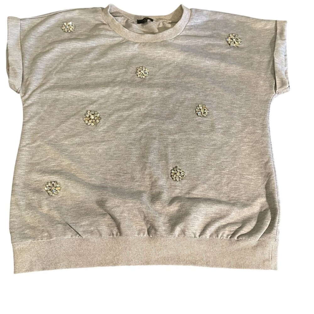 Womens Gray Short-Sleeve Top Rhinestone Accents Size L Ontwerth‎ relaxed fit